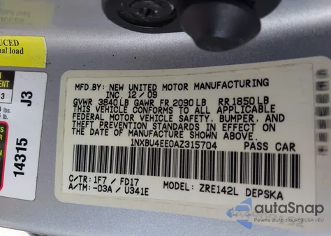 2010 Toyota Corolla S z USA, uszkodzony, nr VIN 1NXBU4EE0AZ315704